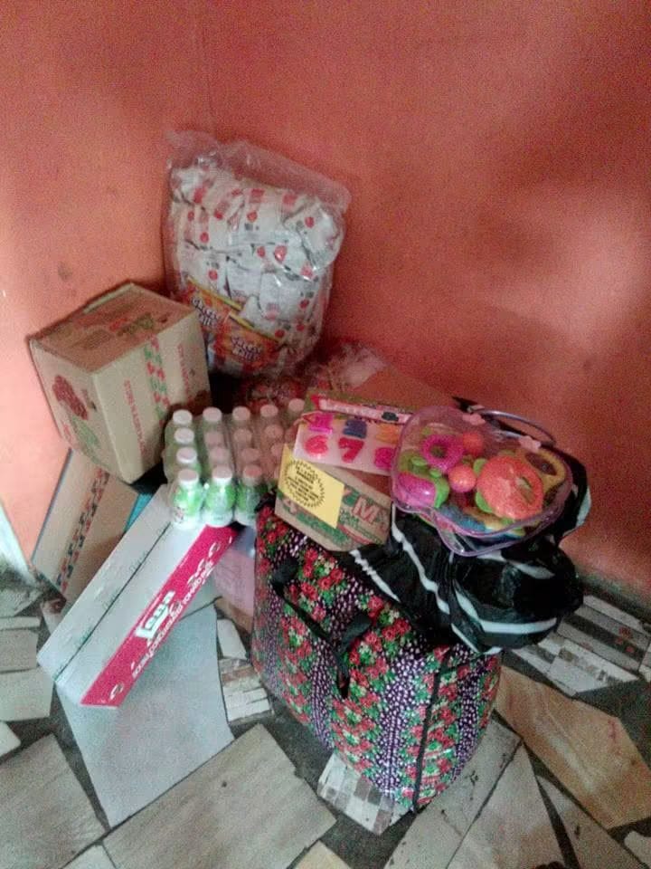 Food, drinks and toys gathered for an outreach visit